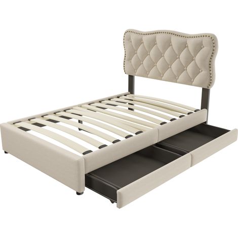 Cama tapizada 90 x 200 cm con 2 cajones, capitoné en lino, MDF, beige (1/5)