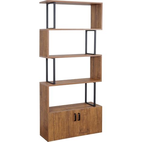 [NON UTILIZZATO] Libreria scaffale 3D MDF HHG-187 4 ripiani con sportello legno metallo color rovere scuro