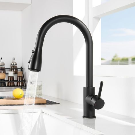 Robinet de cuisine noir DERW, mitigeur de cuisine avec douchette extractible, bec pivotant avec 2 modes de pulvérisation, construction en acier inoxydable, poignée unique pour un contrôle facile, tuya (1/2)