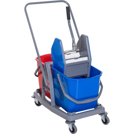 Chariot de nettoyage avec 2 seaux, essoreur, 4 roulettes - 73x45x92 cm, métal/PP bleu et rouge (1/5)