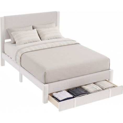 HOMCOM cama tapizada 140x200 cm con cabecero acolchado y cajón de almacenaje, láminas de madera, asas, diseño moderno, fácil montaje, beige (1/5)