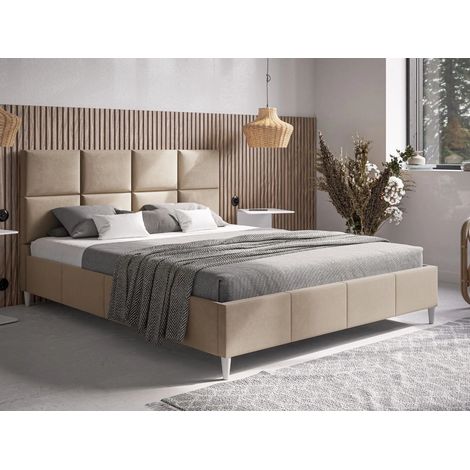Lit capitonné avec tête de lit 180x200 velours beige Luxe (1/5)