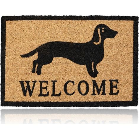 Relaxdays Wiener Badger Sausage Dog Coir Doormat, 40 x 60 cm, Door Mat Inside & Outside, Non-Slip, Natural Coir/Black (1/5)
