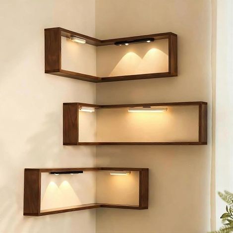 Étagères d'angle murales en bois, 3 étagères de rangement flottantes avec 6 LED intégrées pour illuminer votre espace (1/5)