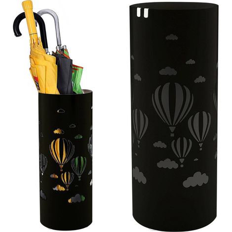 Porte-parapluies en fer design rond noir avec décoration montgolfière et bac anti-gouttes Dimensions 49 x 19,5 cm (1/5)