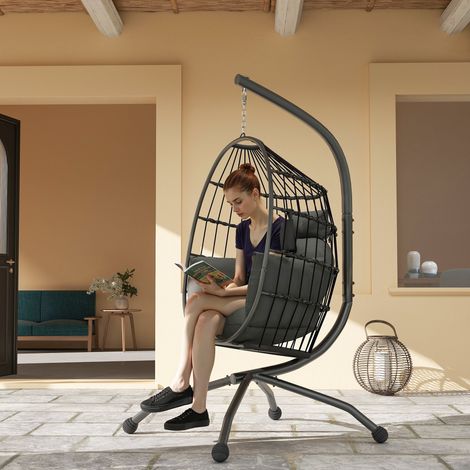 Sedia a dondolo sospesa da esterno con seduta pieghevole in vimini e cuscini spessi, supporto, poggiatesta, portabicchieri, nera