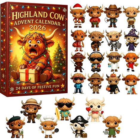 Highland Cow Calendrier de l'Avent 2026, compte à rebours 24 jours 3D Vache