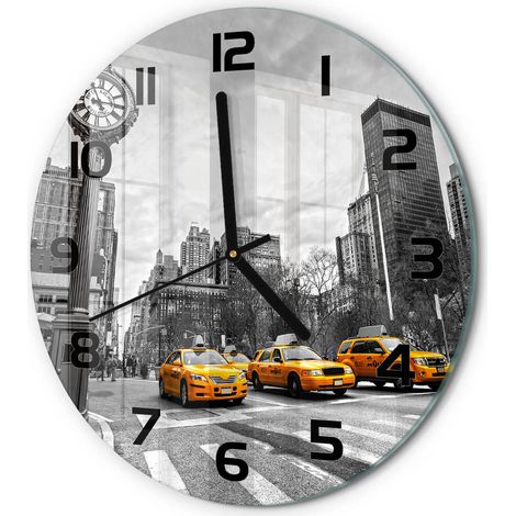 Horloge Murale Ronde Moderne Décorative Verre Trempé Élégante Salon Taxis de New York fi 30 cm (1/5)