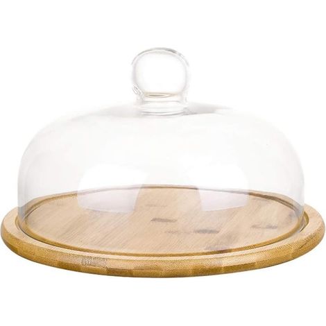 Cloche En Verre - Support En Bambou - Plateau De Service Pour Gâteaux Et Fromages - Diamètre 26 Cm - Lot De 1 (1/5)