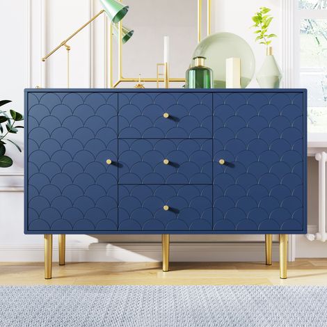 Commode 120x40cm - 3 Tiroirs et 2 Portes - Motif Écailles de Poisson - Étagère Intérieure Réglable - Pieds Métal Champagne - Capacité 45kg - Marine
