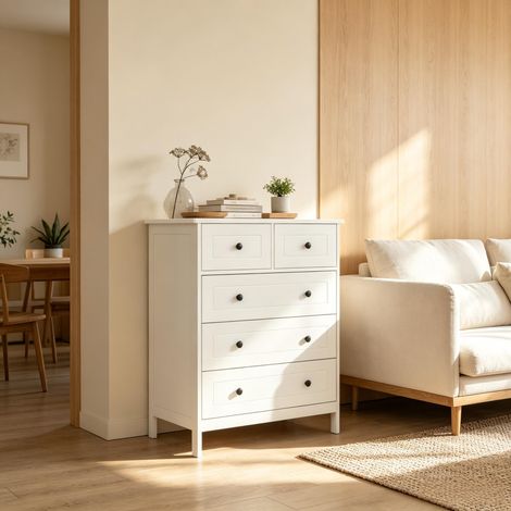 Commode 5 tiroirs 74x40x91 cm,2 petits et 3 grands,façades rainurées,poignées métal noir,anti-basculement,blanc,chambre entrée (1/5)