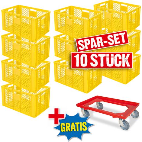 BRB 10er Spar-Set Euro-Stapelbehälter Plus Transportroller, 600x400x320 mm Industriequalität lebensmittelecht gelb (1/2)