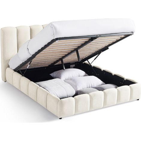 Lit coffre adulte 140x190 cm avec tête de lit capitonnée en tissu chenille beige - Nils