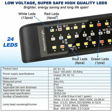 LED lampe d'aquarium à Clip, [lumière RVB + blanche] 10 niveaux de luminosité variateur, lampe à pince d'aquarium pour réservoir à poissons 20-30CM et plantes aquatiques, noir (1/3)
