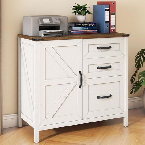 Aktenschrank 80cm Weiß Bauernhaus-Stil mit 3 Schubladen für Homeoffice (1/5)