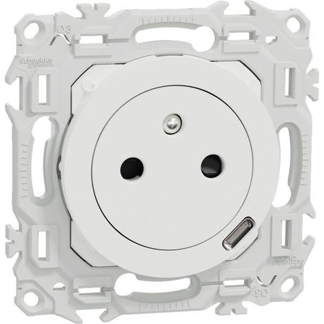 Schneider – Prise de courant affleurante 2P+T avec chargeur USB-C 18W – Installation facile – Pour espaces confinés – Blanc craie