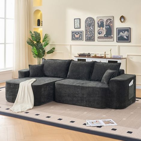 Sofá esquinero modular L 262 x 144 x 65 cm - Sofá «Nuage» con tumbona y asiento profundo, sin montar, de chenilla - Negro (1/5)