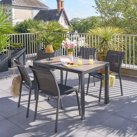 Hesperide – Table extensible rectangulaire en aluminium effet bois 4 places – Dimensions 119,5 x 80 x 75 cm – Traitement époxy anti-rouille
