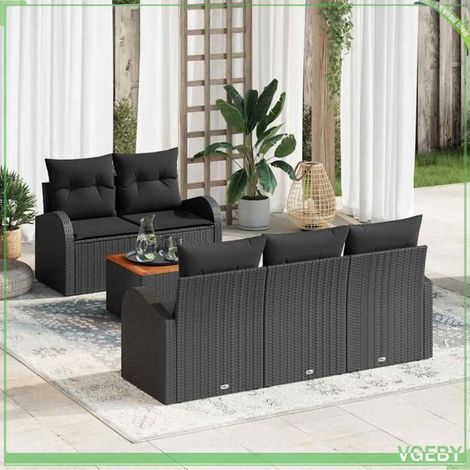 Ensemble canapé de jardin - FAFEICY - Modulaire - Noir - Polyrotin & acacia - Rangement intégré - 5 places (1/5)