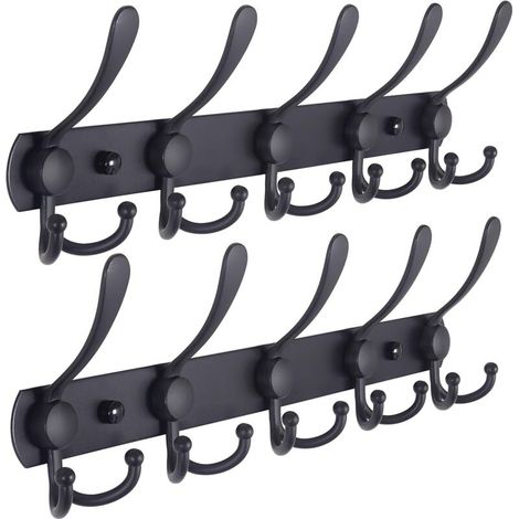 Perchero de pared con ganchos de acero inoxidable resistente, 5 ganchos triples, ideal para abrigos, sombreros y toallas, ideal para entrada y baño, color negro. (1/4)