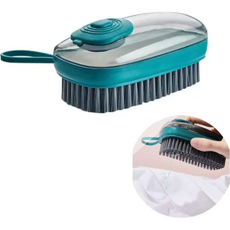 Lot de 2 brosses de nettoyage multifonctions avec distributeur de savon automatique, idéales pour récurer vêtements, chaussures, lavabos, sols, carrelages et moquettes. (1/5)