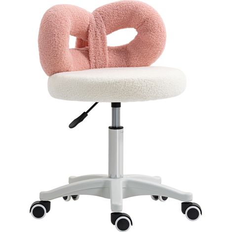 Taburée avec roues, dossier réglable 63-77 cm, tapisserie en tissu mouton blanc et rose
