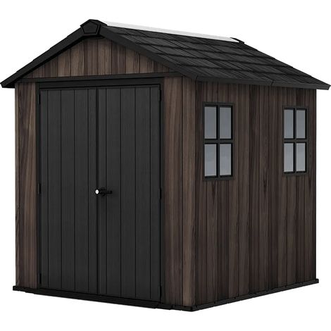 Keter Apex Gerätehaus 7,5x7, Kunststoff Geräteschuppen mit Oberlicht und Belüftung, abschließbar, wetterfest, Rosenholz Optik