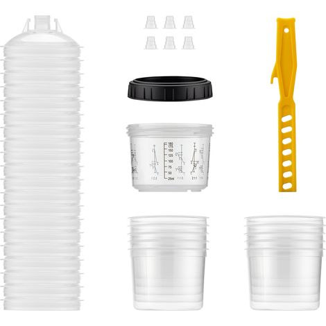 Wiltec Sistema di miscelazione da 200 ml, 50x filtri 125 μm, set di tazze di miscelazione per vernice con coperchi, tazze interne e misurini, tazza graduata per vernici, per la verniciatura di auto (1/5)