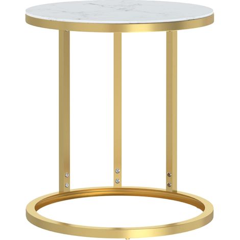 Table d'appoint Doré et marbre blanc 45 cm Verre trempé