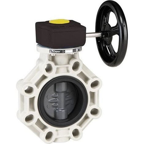 Vanne papillon série industrielle en PVC Ø 125 - 140 avec axe en acier inoxydable, EPDM et réducteur Cepex
