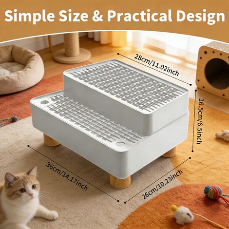 Marchepied Bac à Litière pour Chat Escalier 2 Marches avec Tapis Récupérateur de Litière Gris Clair