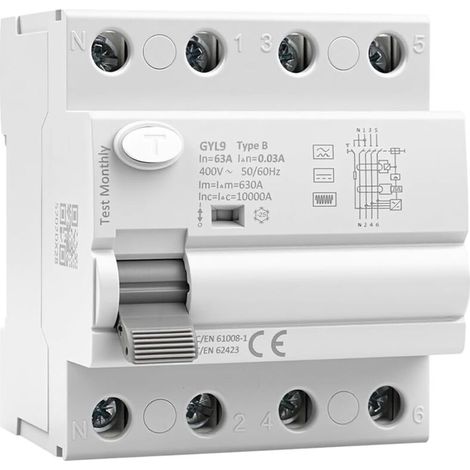 Disjoncteur différentiel 30mA Type B interrupteur différentiel 63A 30mA 3P+N 10kA RCCB disjoncteurs de courant résiduel AC400V convient aux stations de recharge et aux équipements industriels GYL9 (1/5)