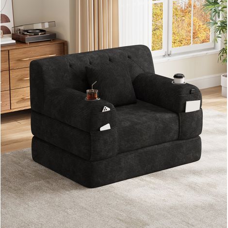 Sofá cama individual 107/162 cm negro de pana, con portavasos y bolsillos laterales (1/5)