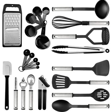Juego de utensilios de cocina de acero inoxidable de 24 piezas, antiadherente y resistente al calor, que incluye ollas, sartenes, accesorios y utensilios de cocina (negro). (1/5)