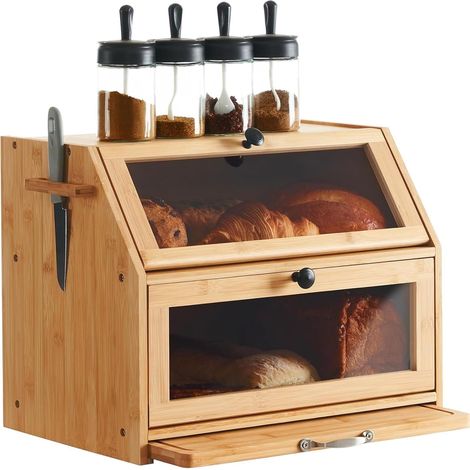 Boîte à pain en bambou écologique - Avec planche à découper - Boîte de rangement - Pour pain, pain grillé - 39 x 26 x 32,5 cm (L x l x h) - Naturel (1/5)