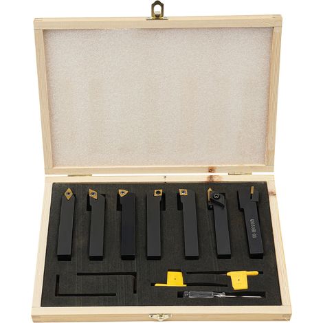 Set di 7 utensili rotanti CNC, con acciai rotanti in carburo di titanio da 16 mm, cassetta degli attrezzi in legno, indicizzabile, in metallo duro, per tornitura filettata