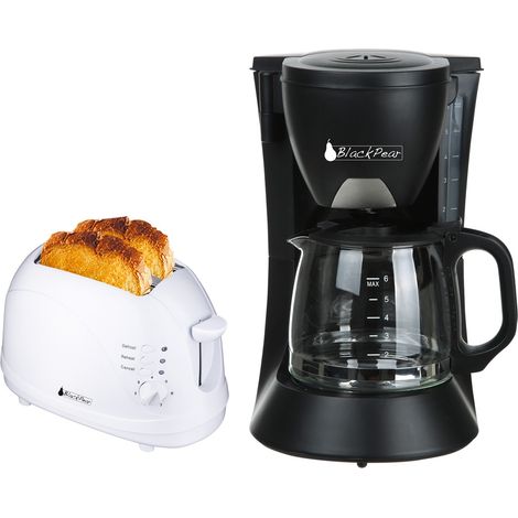 Cafetière 6 tasses 650W noire + Grille pain 2 fentes blanc 700W fonction décongélation