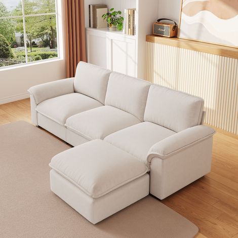 Canapé d’angle convertible 3 places avec pouf, canapé en L en chenille effet cloud Beige, 257 x 128 x 90 cm (1/5)