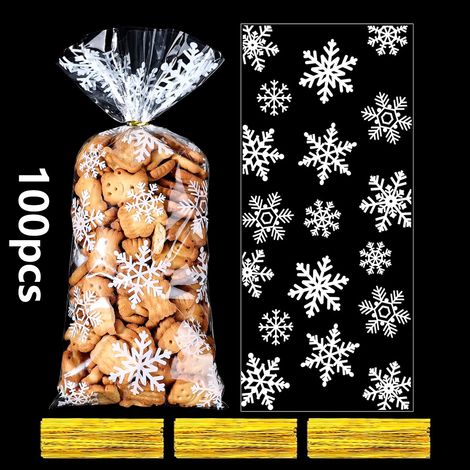 100 sacchetti di plastica natalizi per caramelle e biscotti, sacchetti regalo di Natale con lacci per forniture per feste di Natale (1/5)