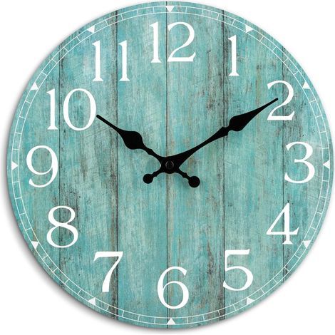 25 cm große Wanduhr, türkisblau, geräuschlos, kein Ticken, Küchendekoration, rustikaler Vintage-/Retro-Landhausstil, batteriebetrieben, für Badezimmer