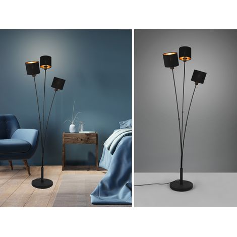 LED Stehleuchte 3 flammig Metall, Stoffschirm Schwarz Gold, Höhe 150cm (1/5)