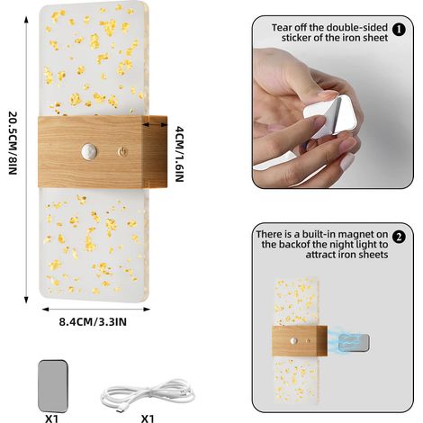 Lampadaire mural LED rechargeable détection mouvement, design rectangulaire bois, style moderne, induction
