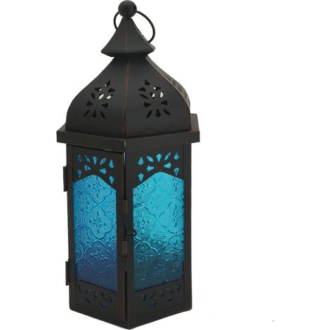 Rebecca Mobili Ethnic Lantern Vidrio Metal Azul Negro Interno Externo 32x16x14