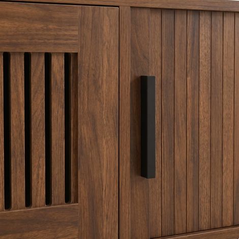 Meuble TV effet bois avec bords arrondis, 2 tiroirs, portes coulissantes et éclairage LED réglable par appli pour salon et chambre (1/5)