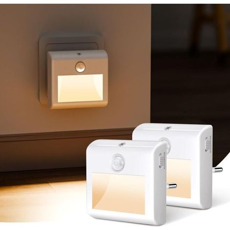 AMXCNOY 2er-Pack LED-Nachtlichter mit Bewegungs- und Dämmerungssensor, warmweißes Licht, einstellbare Helligkeit, AUTO/EIN/AUS-Modi, direkter Wandanschluss, ideal für (1/4)