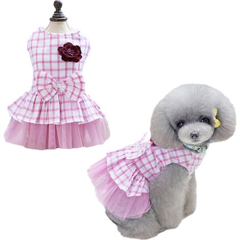 Robe pour chien, petite chienne, robe de mariée, tutu, jupe à carreaux, nœud, vêtements pour fête d'anniversaire (rose)
