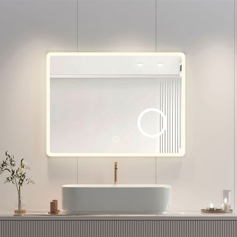 Heilmetz Espejos de Baño con Luz con 3X Lupa, Antivaho Espejo Baño con Relojes, 3 Luz de Color Brillo Ajustable 80x60cm (1/5)
