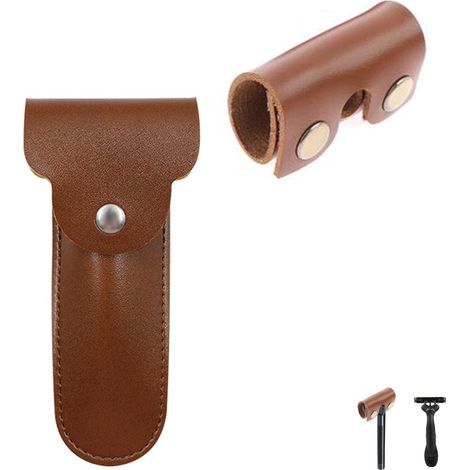 2 pcs Étui de rasage en cuir Double Edge Étui de voyage pour rasoir Couverture de rasoir en cuir Housse de protection portable, pour tous les rasoirs et rasoirs. (1/5)