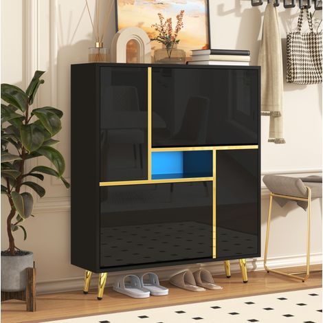 Meuble à chaussures noir avec façade brillante, LED 16 couleurs, 80 x 25 x 96 cm DESVIAE (1/5)