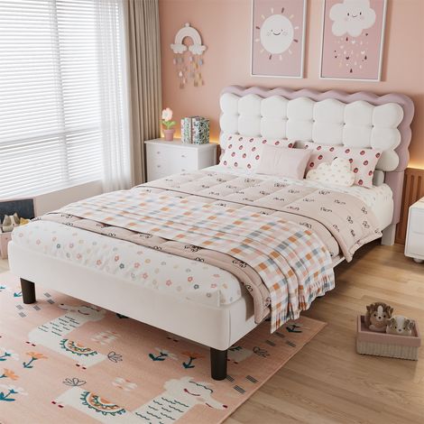 Velvet Upholstered Bed Soft Biscuit Shaped Headboard Sturdy Wooden Slats Beige & Pink Colour Easy Assembly 4ft6 Bed Frame (135x190cm) (1/5)